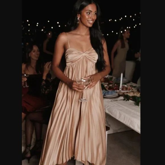 COPY - Petal & Pup Vikki Gold Satin Pleated Asymmetrical Hem Midi Dress 0 - Picture 1 of 11